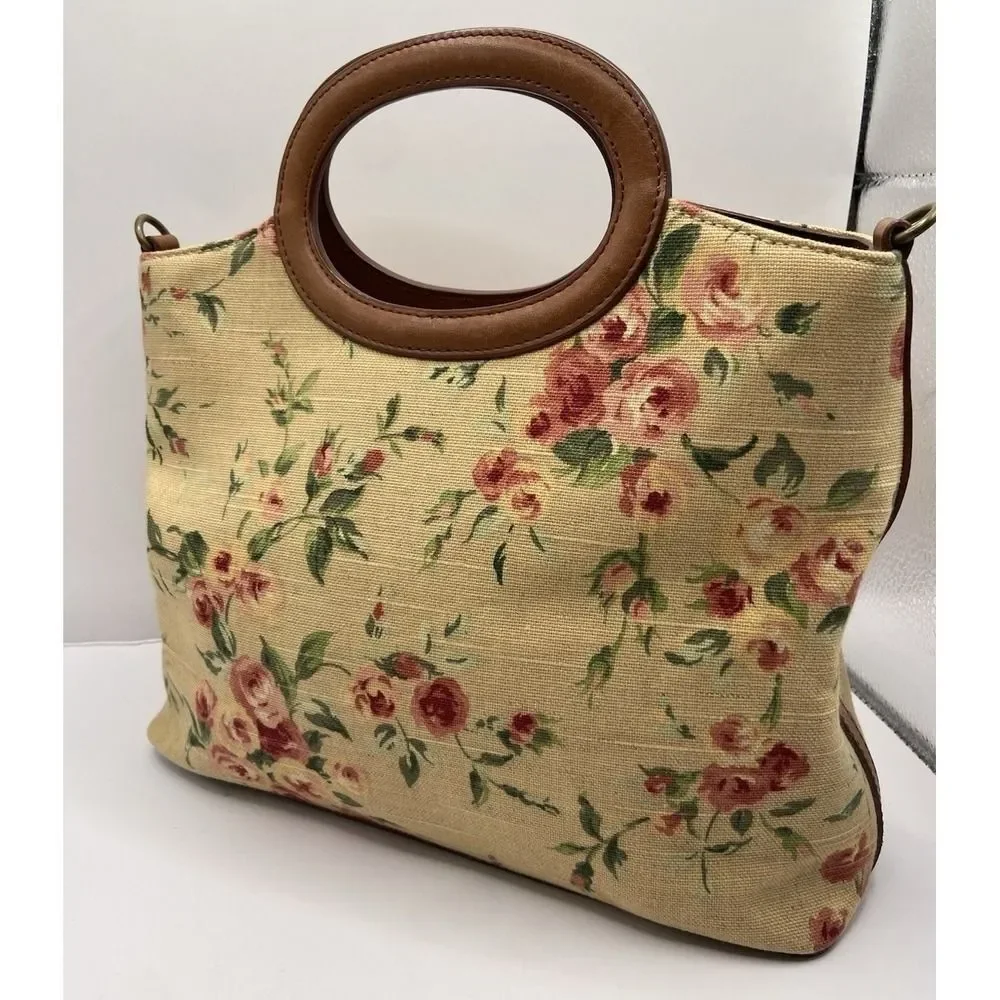 Fossil‎ Floral Canvas Top Handle Satchel Bag w/ Leather Trim & Strap